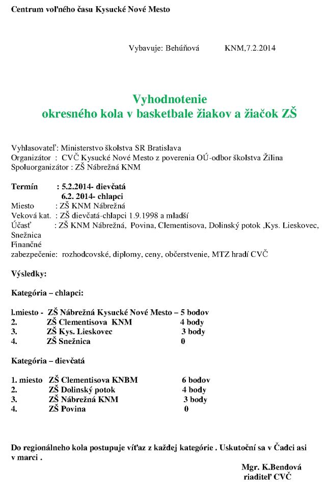 Okresné kolo v basketbale žiakov a žiačok ZŠ